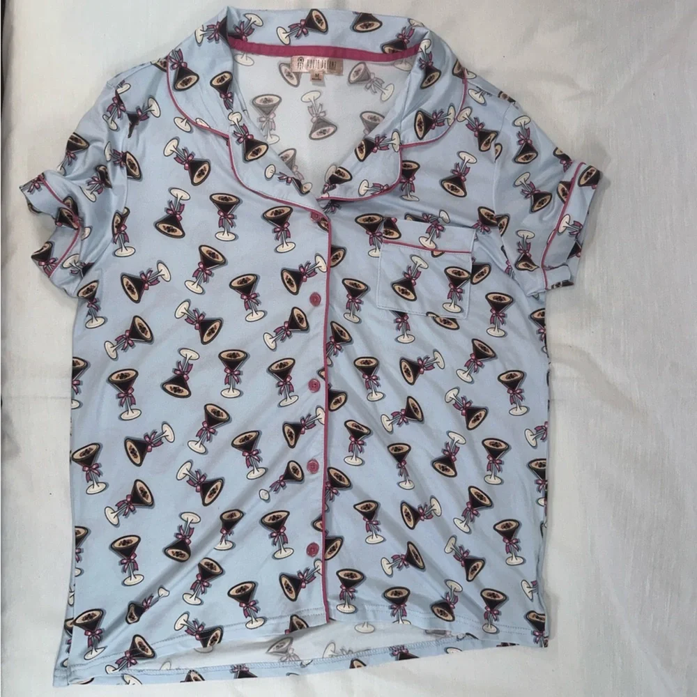 Haute Dreamz Blue Cocktail Martini Print Pajama Sleepwear Set Womens Size M